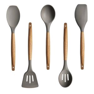 5st/set silikon köksutrustning trähandtag non-stick matlagning sallad sked läckage skrapa skovel t200415