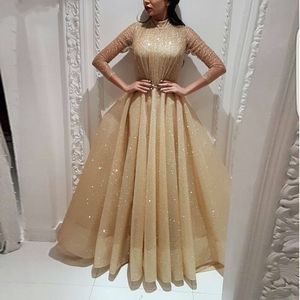 Bling Bling Gold Pulin Gece Elbise Müslüman Resmi Parti Elbise Yüksek Boyun 3/4 Kollu Elbise Dubai Uzun Kollu Balo Elbise