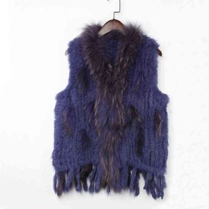 Gilet da donna in vera pelliccia di coniglio naturale con gilet / giacche con collo in pelliccia di procione Rex Rabbit lavorato a maglia inverno T220810