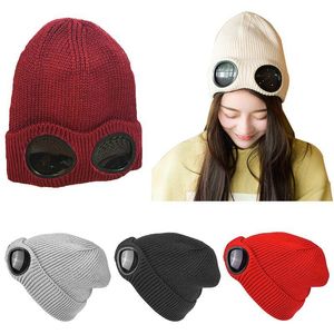 Cykelmössor masker dubbelanvänd förtjockad vinter stickade hatt varma mössor skallies skidmössa med avtagbara glas för kvinnor
