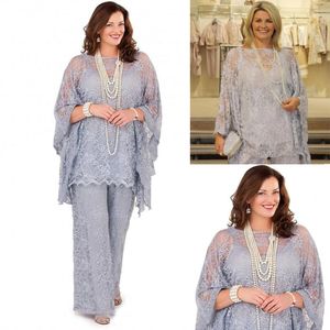 أنيقة Sier Lace Plus Mothers Pant Suits Cheer Bateau Neck With Wrap Wedding Guest Dress Fress