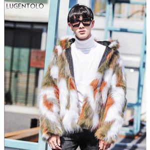 メンズトレンチコート男性秋の冬ファッション韓国フード付きジッパーの大きなサイズのストリートルーズプリントウォームフェイクファーviol22