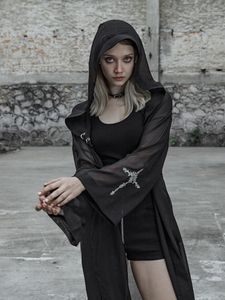 Damen Trenchcoats Punk Rave Goth Chiffon Witchy Maxi Mantel mit Kapuze PY393XC