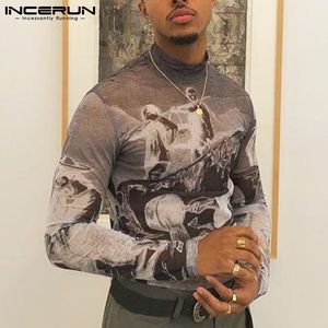 Camiseta Masculina Gola Alta Mesh Transparente Estampado Sexy Manga Longa Fitness Party Camisetas Streetwear Undershirt INCERUN 7 220616