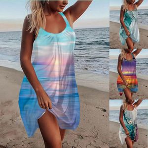 Yeni moda grafik gradyanı seksi plaj elbise 3d baskı kadınlar kolsuz elbiseler