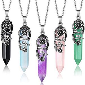 Pendant Necklaces Chain Necklace For Women Antique Silver Flower Wrapped Natural Quartz Gemstone Healing Crystal NecklacePendant
