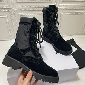 High Shoes & Accessories Quality Boots Luxury Women Neutral Suede Cloth Patchwork Martin Boot Lace Up Chunky Heels Round Toe Non-slip Winter For Women