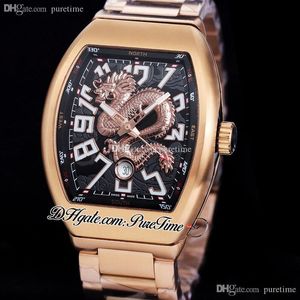 Vanguard V45 3D Silver Dragon King Automatic Mens Watch Rose Gold Black Dial Big White Marker Marker Bracelet Watch 5 Styles Puretime E242D4