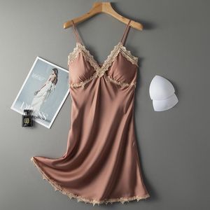 Women's Sleepwear Women Satin Spaghetti Strap Nightgown With Pads Sexy Nightdress Sleep Dress Soft Home Dressing Gown Intimate Lingerie