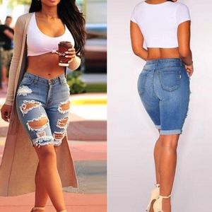 Partihandel- Summer High High midjeshorts Kvinnor Denim Shorts Vintage Streetwear Ripped korta jeans slitna hål kvinnliga casual shorts