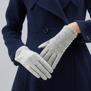 Five Fingers Gloves Winter Warm For Women Wool Korean Fashion Pearl Outdoor Plus Velvet Thickened Cycling Touch Screen Finger