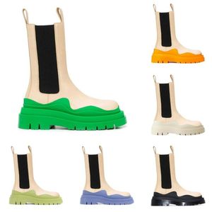 Двухтонная шина Chelsea Boots Women Platform Кромкая ботинка Lady Luxe Design Мужчины теленок Desiger Calfskin Slip-On Style Cround Toe Boots Cream+Apple Green 35--45 AAA+