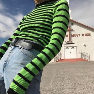 Harajuku Contrast полосатый свитер черный зеленый цвет блок Рибленый вязаный стройный свитер.