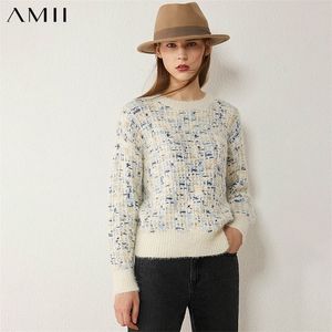 AMII minimalism Autumn Winter Fashion Women's Sweater Vintage Oneck Tweed Full Sleeve Thick Thick Sweaters for Women Tops 12040307 201102