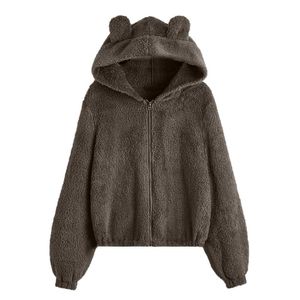 Women's Hoodies & Sweatshirts Kawaii Zipper Fuzzy Cute Ears Hooded Sweatshirt Winter Women Warm Long Sleeve Tops Fleece Patchwork Hoody