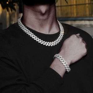 Hip Hop Iced Out 15mm Cuban Chain Necklace Bracelet Set Rhinestone Gold Silver Color Necklaces For Men Jewelry