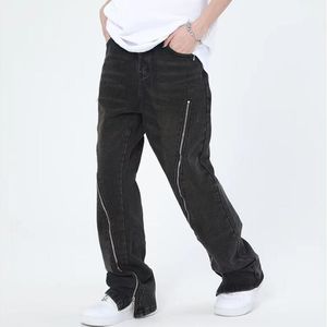 Pantalones casuales de jeans casuales lavados con cremallera larga pantalones de mezclilla rectos sueltos