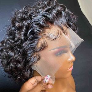 Pixie Cut Wig Short Bob Curly Human Hair S Дешевые прозрачные кружевы 13x2 для женщин, предварительно сорванных 220713