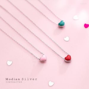 Chains Modian Real Sterling Silver Red Pink Green Enamel Hearts Pendant Necklace For Women Statement Fine Jewelry CollarChains Heal22