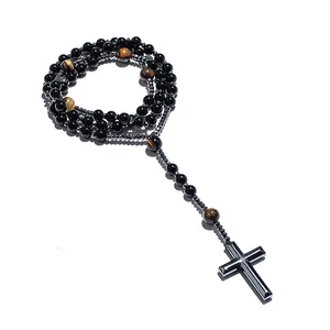 Wholesale black onyx rosary necklace for sale - Group buy Black Onyx Yellow Tiger Eyes Beaded Catholic Christian Cross Pendant Necklace Mala Meditation Jewelry Men and Women Rosary