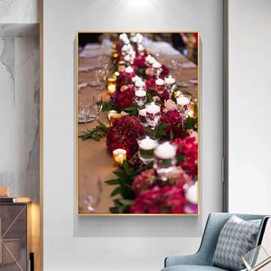 Weihnachtsdekorative rote Blume Leinwand Malerei Weinglas Abendessen Poster und Drucke Cuadros Wandkunst Essen Bild Wohnzimmer