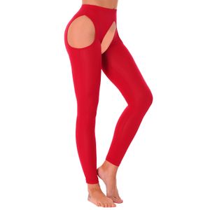 Catsuit kostymer kvinnor erotiska heta sexiga byxor ihåliga ut stretchiga grenlösa leggings glansiga elastiska midjeband underkläder magra byxor underkläder