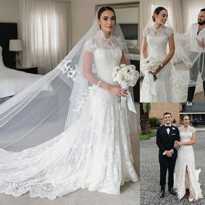 레이스 아플리케 인어 웨딩 드레스 2022 여성을위한 높은 목 케이프 반팔 신부 가운 얇은 명주 그물 스윕 기차 Vestidos de Noiva
