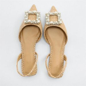 Sandaler 2022 Plattvävda sommar Kvinnor Faux Pearl Beads Slingback Skor Kvinna Mode Spetsiga tå Plattor Sexiga SandalerSandaler