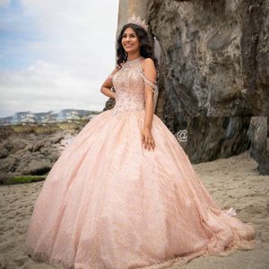 Rose Gold Crystal Forading Princess Quinceanera Suknie Sparkly Off the Ramię Lace Up Gorset Powrót Prom Sweet 16 Dress Vestido DE 15 Anos