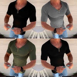 Tシャツの男性ジッパーvネックショートスリーブTシャツ夏のメンズ衣料品カジュアルスリムフィットソリッドカラーTシャツトップ2022 Y220606