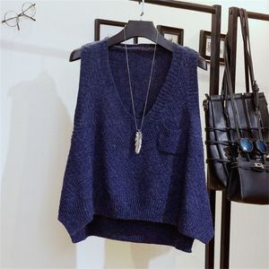 V-neck Sleeveless Fashion Sweater Vest Women Loose Pocket Decoration Frill Knitted Bottoming Sweater Vest Pullover Female Spring 201224
