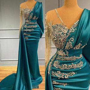 Arabic Long Sleeves Satin Mermaid Evening Dresses V Neck Appliques Beads Ruched Formal Occasion Wear Gold Hunter Sheer Neck Sweep Train Robe de soriee BC10417
