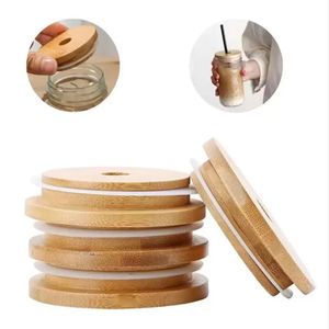 Coperchi in bambù 70mm 86mm Coperchio riutilizzabile per barattolo di vetro in legno con foro per cannuccia e guarnizione in silicone Boutique