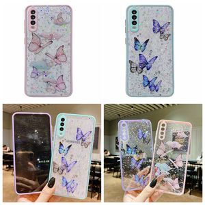 BLING GITTER Butterfly Cases för Samsung A54 A34 S23 A14 A73 A53 A33 A13 A73 A32 A22 A12 4G 5G S22 Ultra A23 Fashion Starry Hard Acrylic TPU Hybrid Transparent Cover