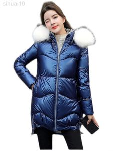 Shiny No Wash Down Cotton Jacka Women Winter Ny koreansk version Midlängd Brödrock Huven Big päls krage varm jacka L220730
