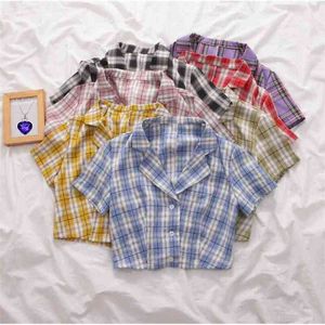 Summer Korean Blus Women Vintage Crop Shirt Streetwear Plaid Ladies Tops Elegant Button Up Shirt Crop Top Shirts 210401