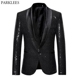 Black Sequin One Button Shawl Collar Suit Jacket Men Bling Glitter Nightclub Prom DJ Blazer Jacket Men Stage Clothes for Singers 220409