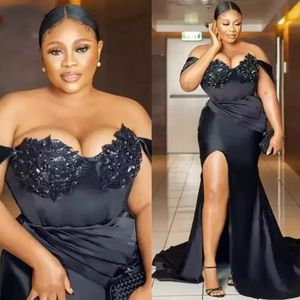 Arabic Aso Ebi Style Prom Dresses With Feathers 2022 Off Shoulder Sweep Train Plus Size Sexy Front Split Appliques Lace Forma C0407