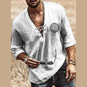 Homens camisetas Roupa Homens T-shirt Moda de Linho Moda Mangas Longa Sleeves Casuais Esporte Impresso Lace Up Blouse Mujer XXXL