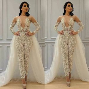 Modest Detachable Skirt Jumpsuit Wedding Dresses Bridal Gowns Lace Applique Long Sleeve Elegant Pant Suit for Women Vestidos