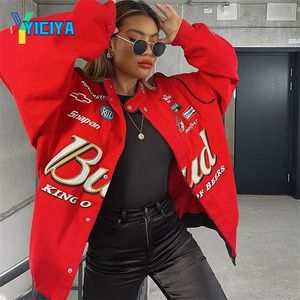 Yiciya Red Bomber Jacket Kvinnor Lång ärm Racing Jackets Vintage Tryckt blixtlås Women's Jacket Spring Polyester Women Coat 220815