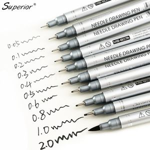 Superior 10pcs preto micron neelde desenho caneta de pigmento à prova d'água marcador de linha fina para escrever matérias -primas de anime de forma manual y200709