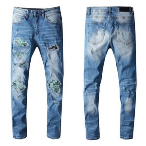 Мужские голубые джинсы Тонкие расстроенные джинсовые брюки Руновываемое колено