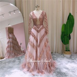 Party Dresses Arabic Rose Pink Long Sleeve Muslim Evening Dress Elegant Burgundy Women Wedding Gown Dubai Formal Stock SS753Party