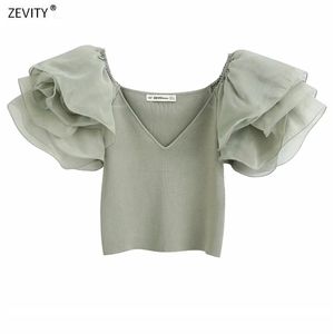 Neue Frauen V-Ausschnitt Puffärmel Patchwork gestricktes Hemd schicke Damen Rüschen Organza Kurzarmblusen femininas Tops LJ200812