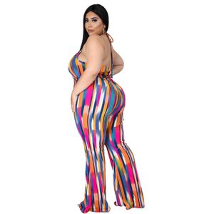 2022 Women Summer Plus Size Printed JumpsuitCasual Suspender Backless Loose Strip One Piece Suit LEFRZ