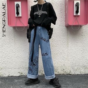 SHENGPALAE Summer Casual Jeans Woman Long Trousers Cowboy Female Loose Streetwear Cartoon Print Wide Leg Pants ZA4911 210302