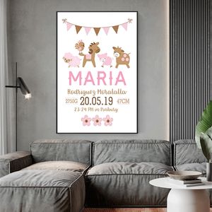 Wandkunst Bild Nordic Kinder Mädchen Schlafzimmer Dekoration Rosa Baby Geburt Individuelles Poster Kinderzimmer Cartoon Tierdruck Leinwand Malerei 220623