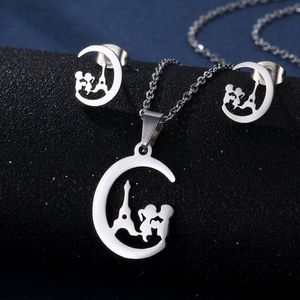 Cute Boy Girl Tower Moon Pendant Necklace Stud Earrings Set Fashion Clavicle Chain Stainless Steel Jewelry Holiday Gift