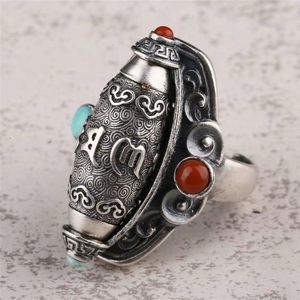 Cluster Rings Personality Retro Ethnic Style Six Words Mantra Lucky Tibet Beads Open Mouth Ring Pendant Men And Women CoupleCluster